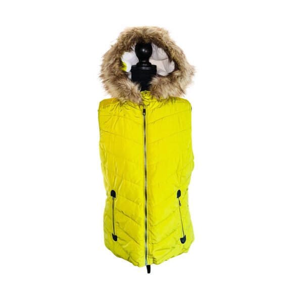 Green Tea Womens Avocado YelloPuffer Vest With Faux Fur Hood & Zip Pockets Size - Picture 5 of 12